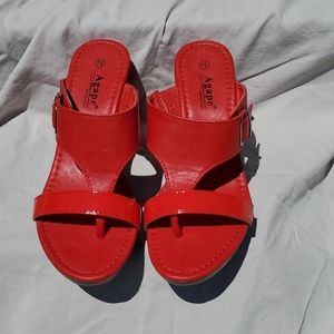 Red Leather/Patent Mix Wedge Thong Sandals